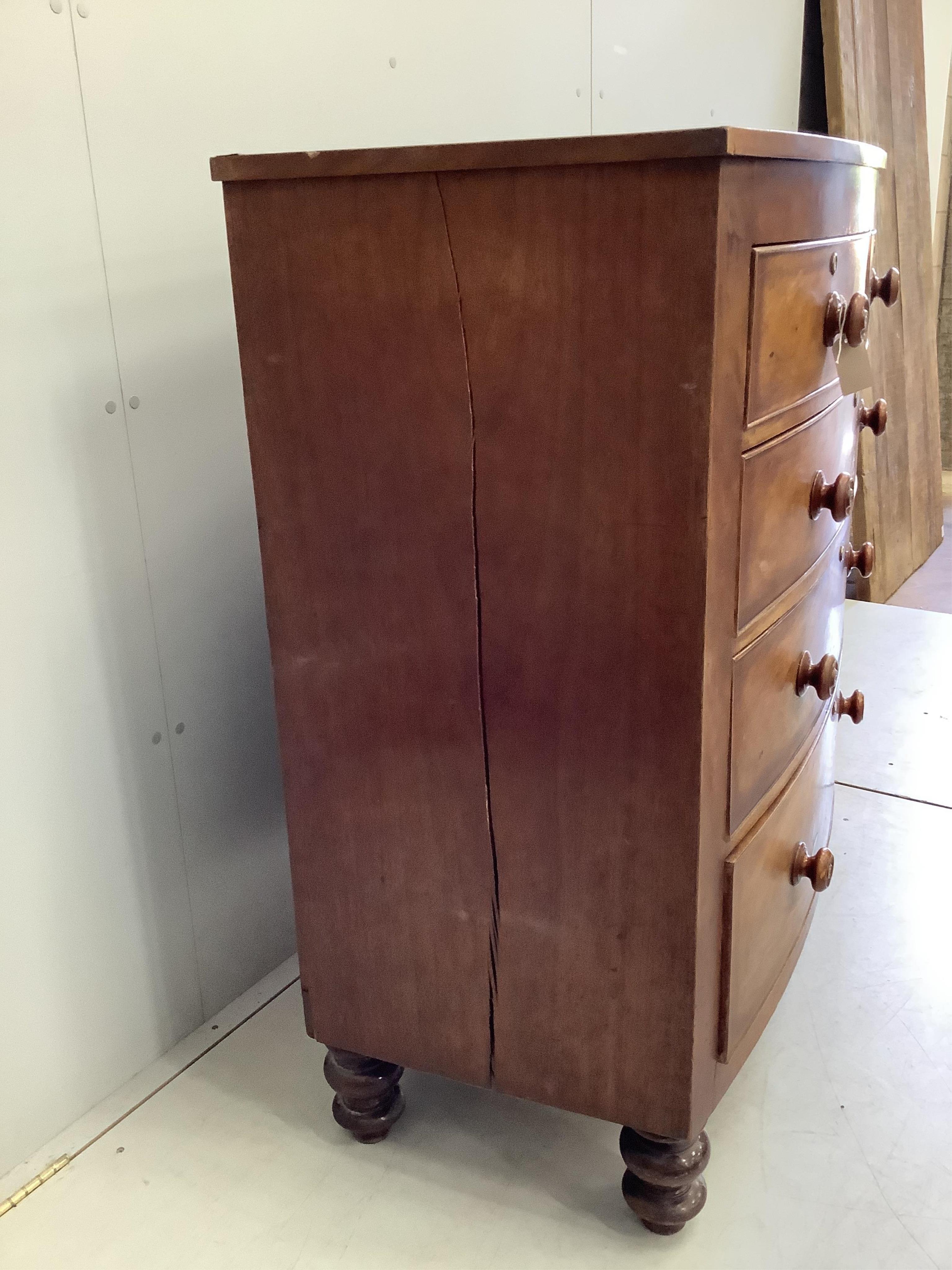 A Victorian mahogany bow front chest, (feet are loose), width 114cm, depth 55cm, height 118cm